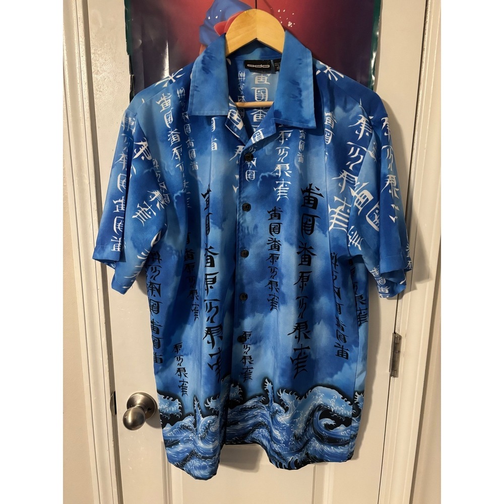 ODO Mens Blue Kanji Wave Print Button Down Shirt Short Sleeve Y2K Streetwear M